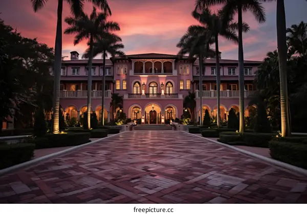 Twilight Mansion with Pink Sky in Palm Beach