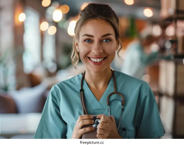 Portrait of a smiling female doctor in a green uniform holding a stethoscope