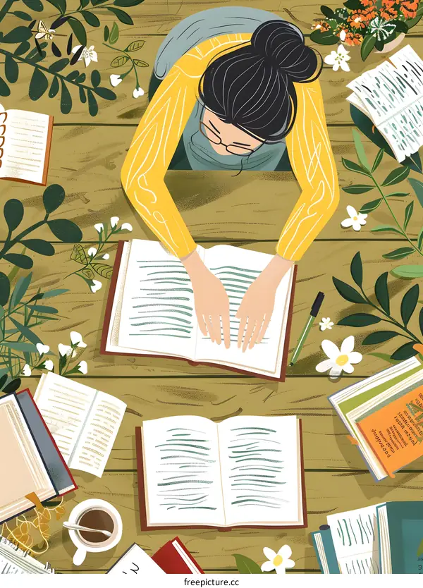 Woman Reading Book on Wooden Table Surrounded by Flowers and Books