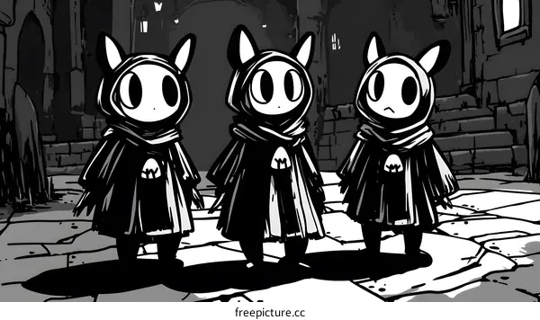 Three Mysterious Hooded Creatures in a Gothic Setting