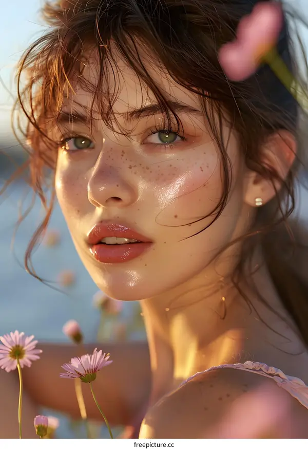 Close Up Portrait Of Young Woman With Freckles