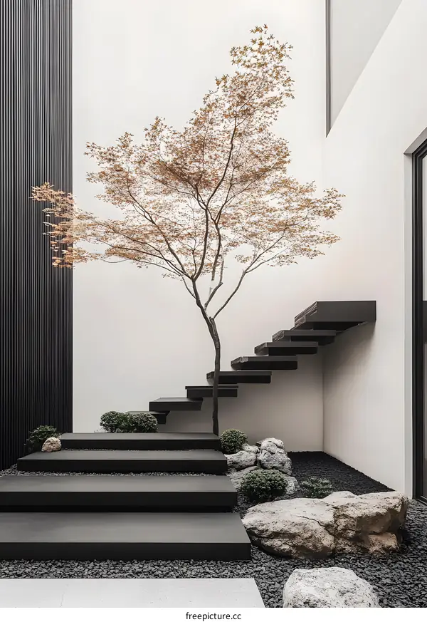 Modern Minimalist Courtyard Design with a Tree and Floating Stairs
