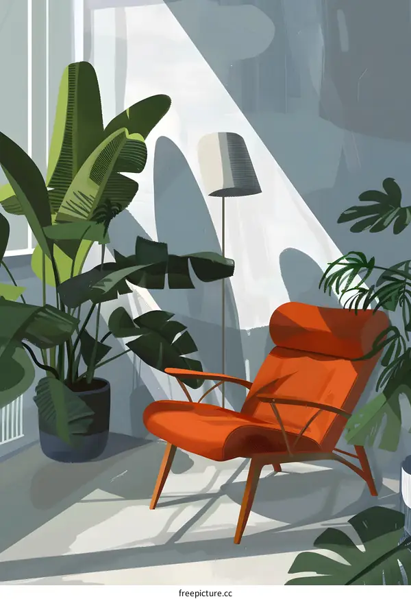 Orange Armchair and Sunlight in a Room with Plants