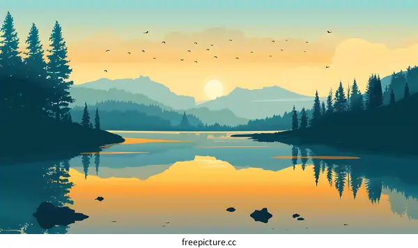 Sunset Lake Landscape With Mountains And Trees