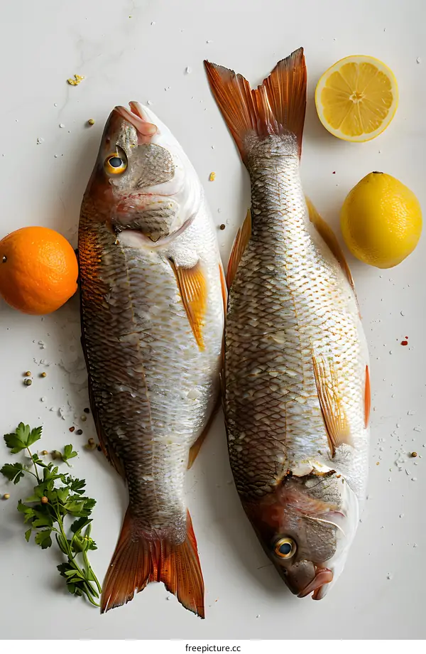 Fresh Fish on White Table with Lemon and Orange