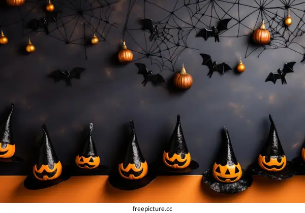 Black and orange Halloween background with witch hats and pumpkins