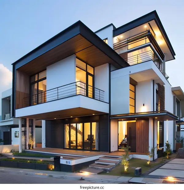 Modern White House with Black Trim and Wooden Accents