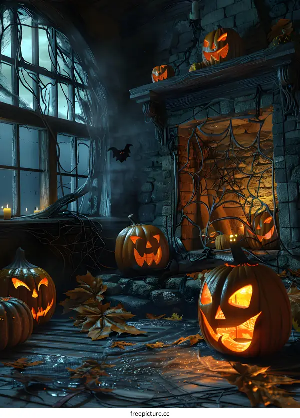 Spooky Halloween Ambiance with Fireplace and Pumpkins