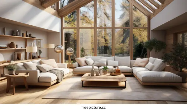 A modern living room with a large windows