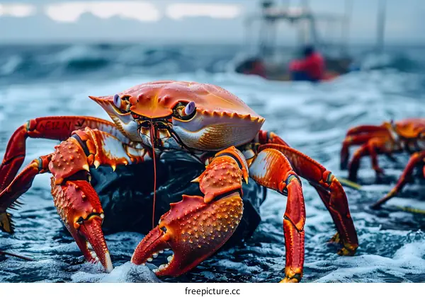 A Bright Red Crab Resting on a Rock in Shallow Water