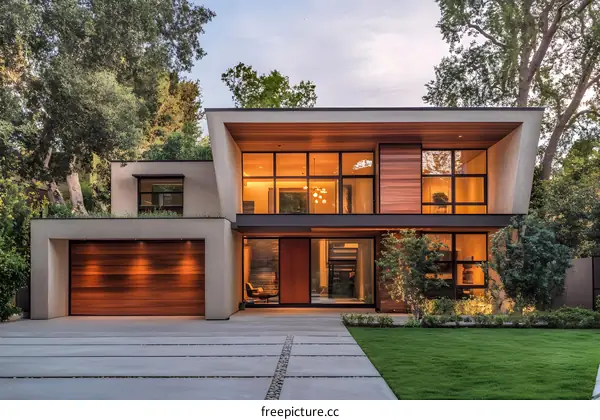 Modern Home with Large Windows and Wooden Accents