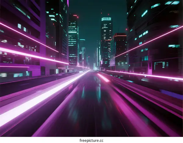 Futuristic City Nightscape with Fast Light Trails and Skyscrapers