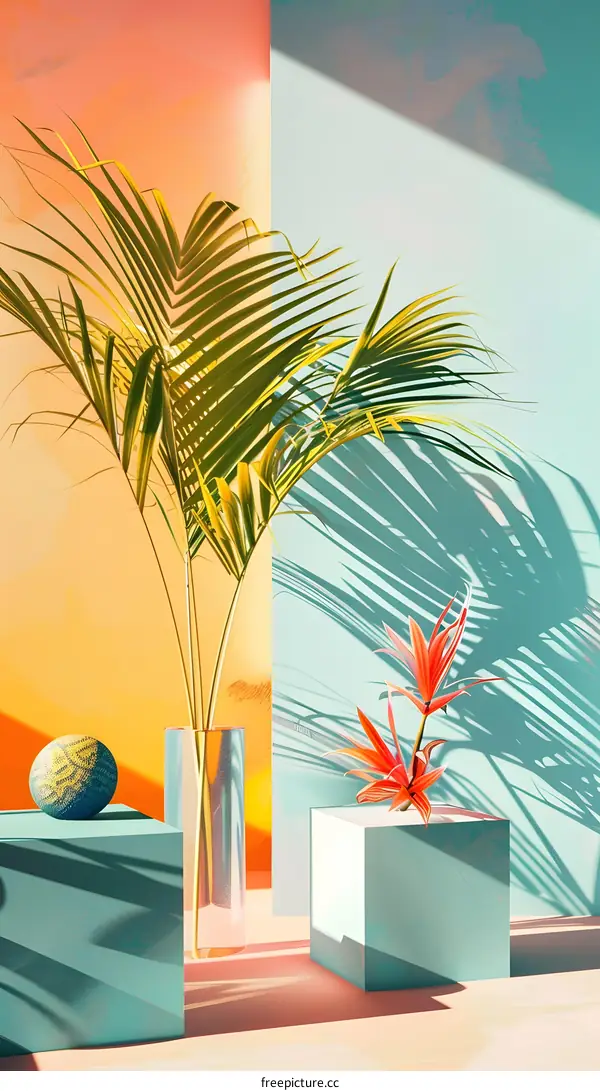Tropical Minimalist Still Life with Palm Leaves and Geometric Shapes