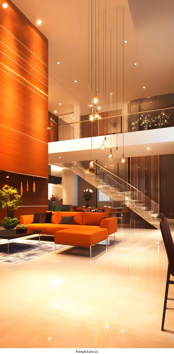 Modern Minimalist Living Room Interior Design with Orange Sofa