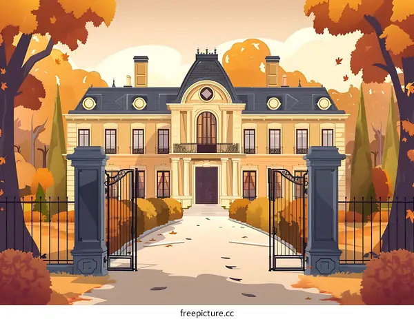 Autumn Mansion With Iron Gates