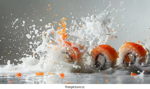 Sushi rolls with caviar and splashes of soy sauce