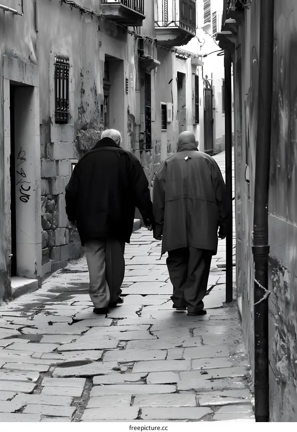 Two Elderly Men Walking Hand in Hand Down a Narrow Cobblestone Street