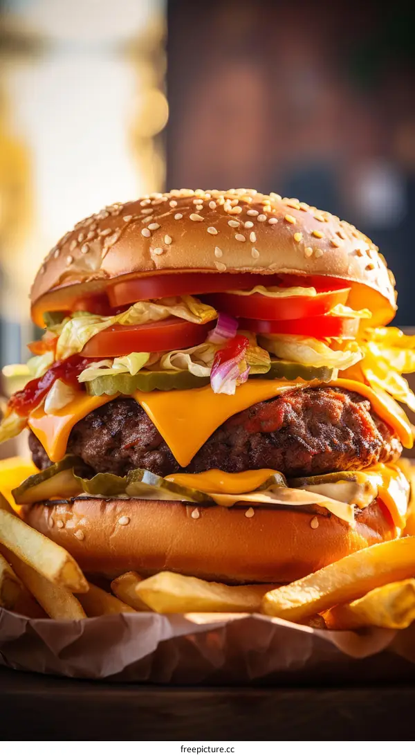 Mouthwatering Cheeseburger with Pickles, Tomatoes and Lettuce