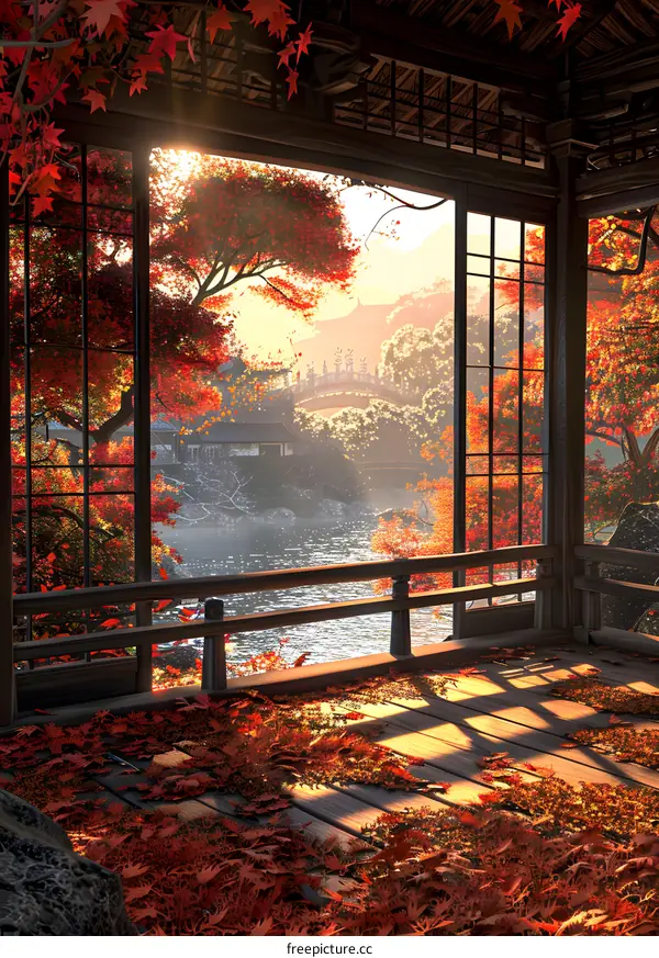 Autumn View from Wooden Pavilion with Red Leaves
