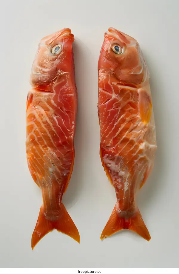 Two raw red fish on white background
