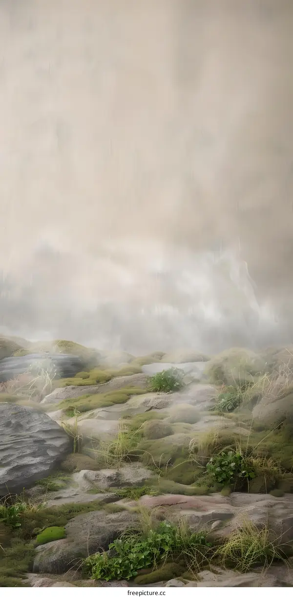Misty Landscape with Rocks and Grass