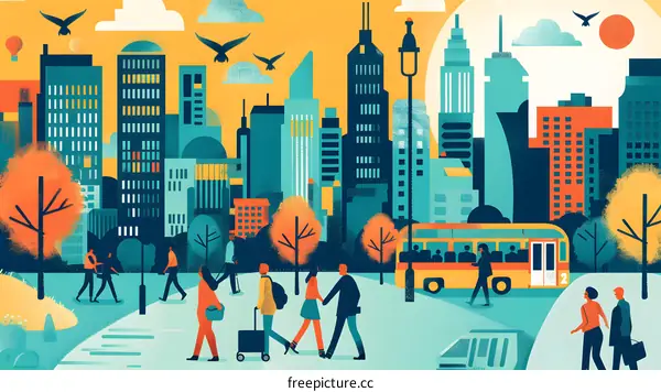 Cityscape Illustration with People Walking and Bus