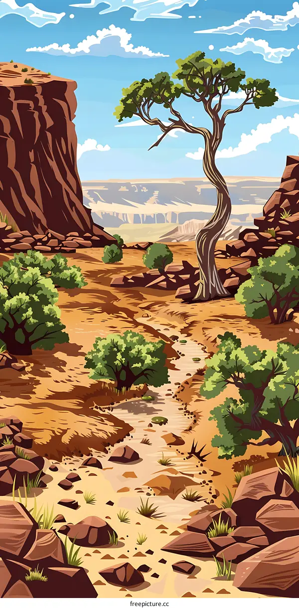 Desert Landscape Illustration with a Twisted Tree