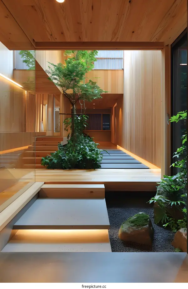 Modern Japanese Courtyard with a Small Tree