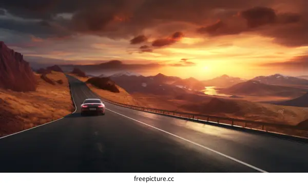 Sunset Drive Through Mountain Landscape with Lake
