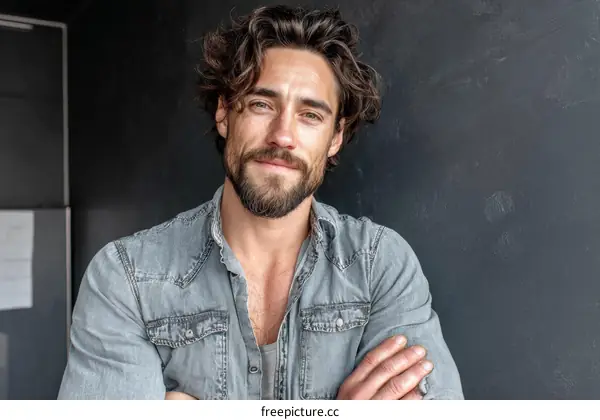 Portrait of a Caucasian Man in a Denim Shirt