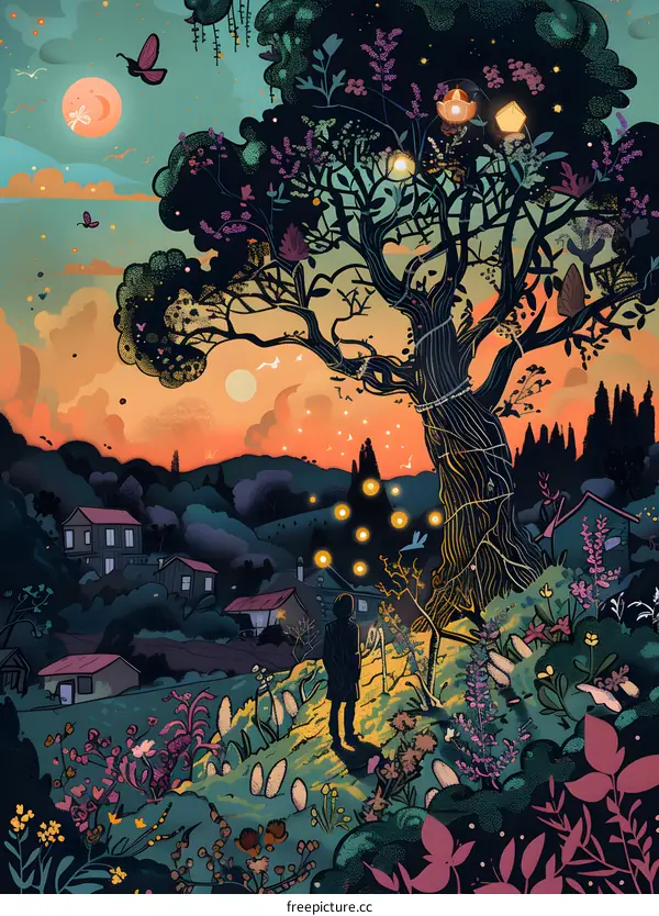 Fantasy Landscape with a Giant Tree and a Person