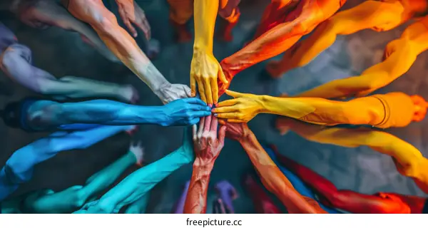 A group of people with different skin colors holding hands together