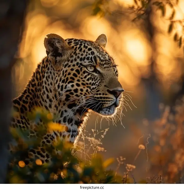 Portrait of a leopard in the wild at sunset