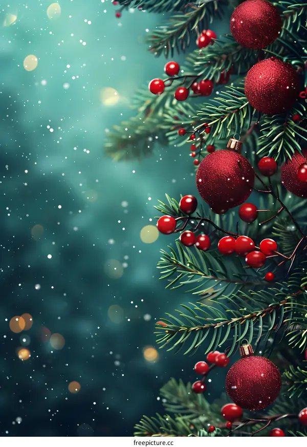 Christmas Ornament On Green Branch With Falling Snow