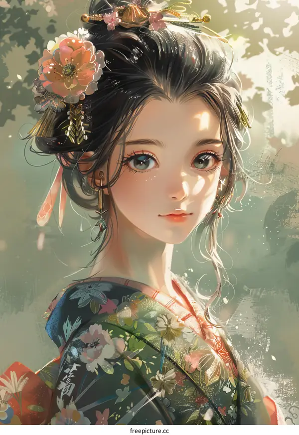 Beautiful Asian Woman in Traditional Kimono with Flowers in Hair