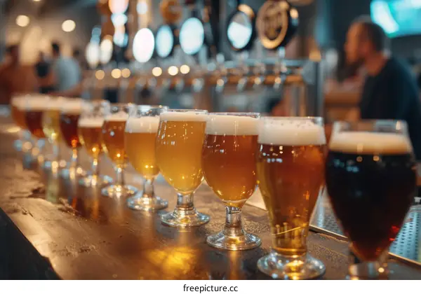 Craft beers in different glasses on a wooden bar counter in a pub or brewery