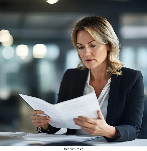 Businesswoman Reviewing Documents in Office