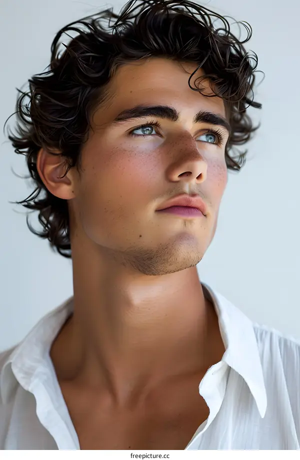 Portrait of Young Man with Curly Hair Looking Up