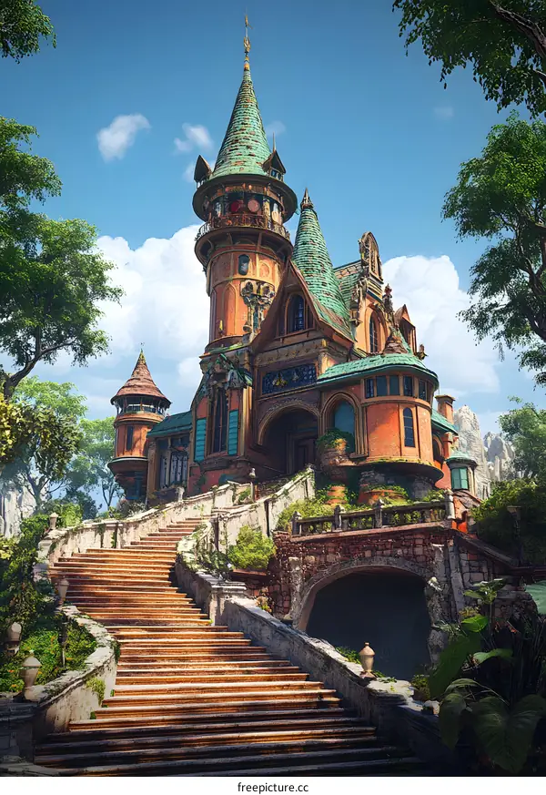 Fantasy Castle With Staircase And Lush Greenery
