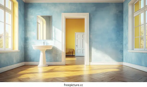 Empty Room with Light Blue Wall and White Sink