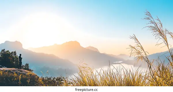 Silhouette of a Person Standing on a Hilltop Overlooking Mountains and a Lake at Sunrise