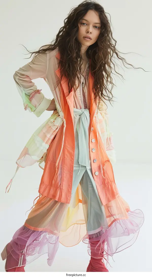 Portrait of a young woman with long brown hair wearing a colorful dress
