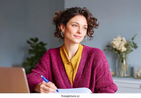 Focused Woman Taking Notes at Home