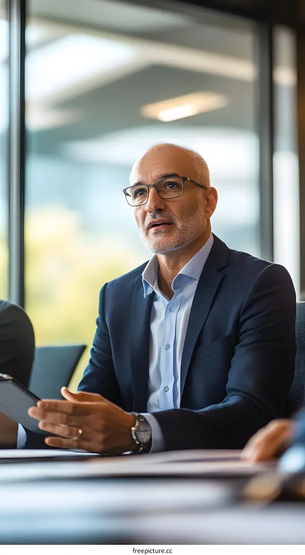 Businessman in a Meeting, Looking Up and Talking