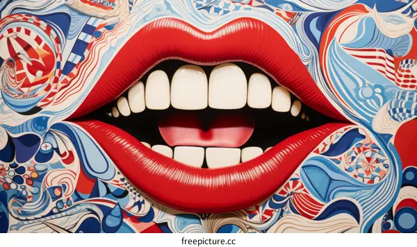 Illustration of red lips with white teeth against a colorful background