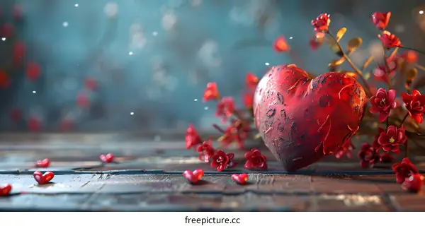 Red heart with red and white flowers on a wooden table