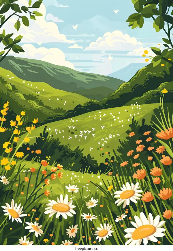 Green Hills Landscape with White Flowers