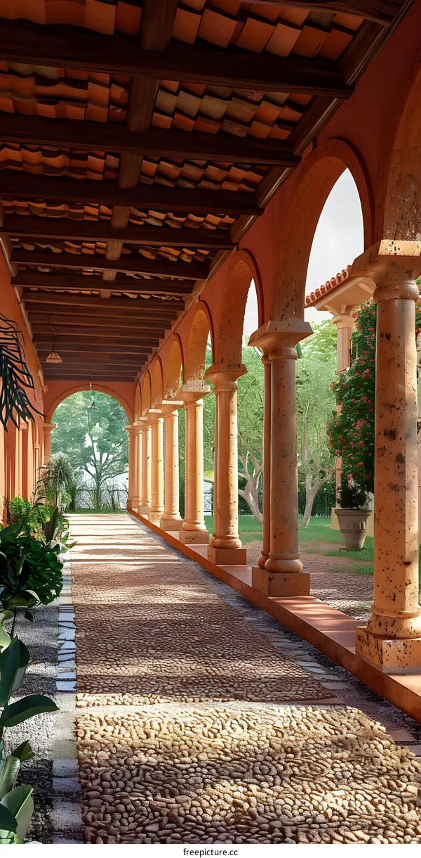 Arched Walkway with Stone Floor and Tile Roof