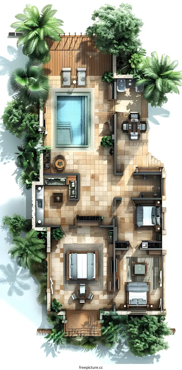 Top view of a luxury tropical pool villa