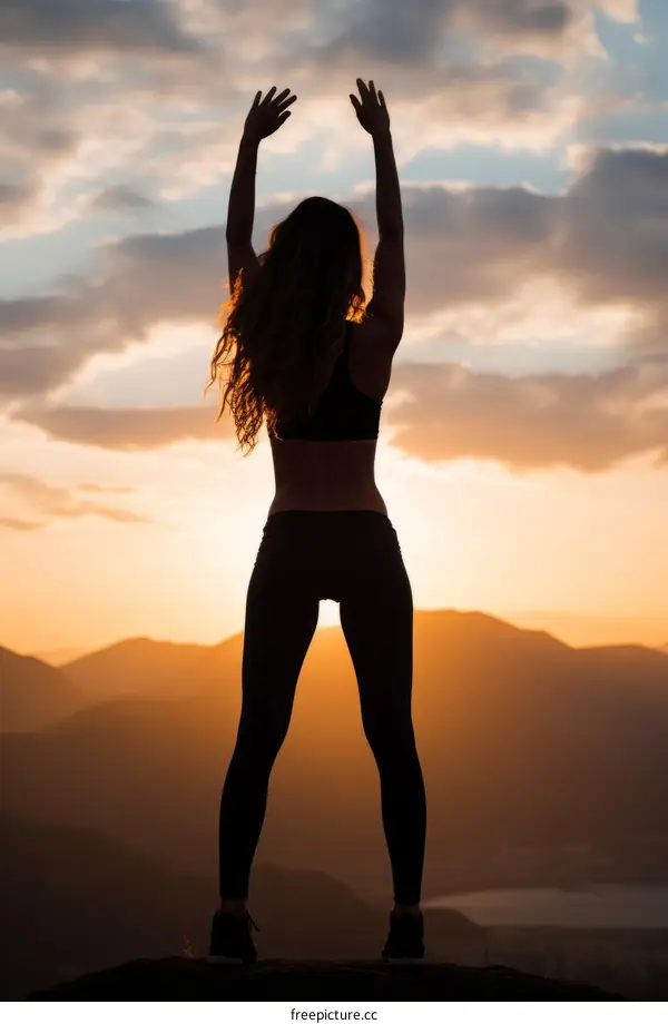 woman silhouette with arms raised at sunset